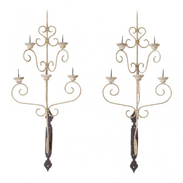 Pair of Painted Wrought Iron and Wooden 5-Light Candle Sconces