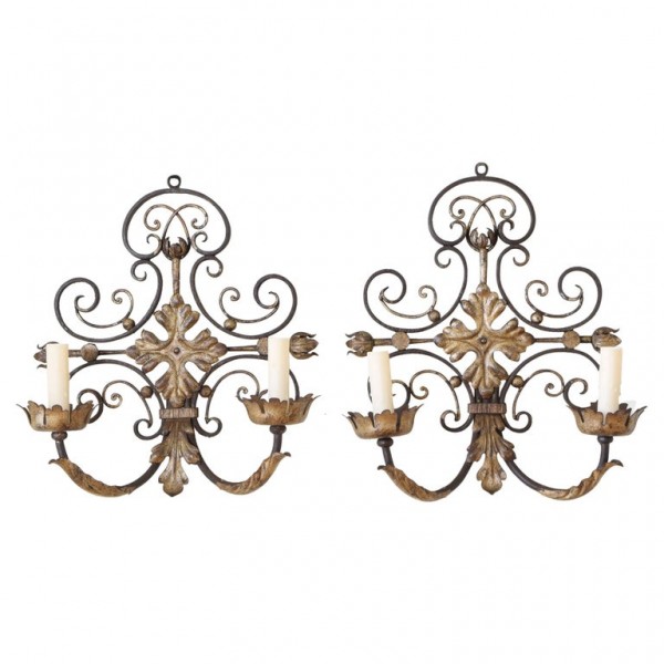 Pair of Wrought Iron and Gilt Metal 2-Arm Wall Sconces