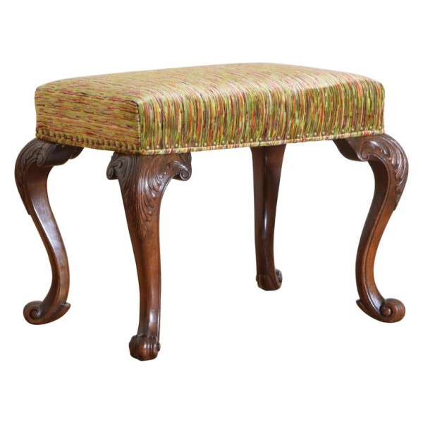 Boldly Carved Walnut and Upholstered Stool
