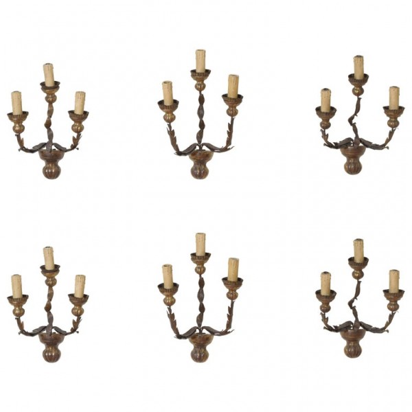 Group of 4 Giltwood, Iron, and Metal 3-Arm Wall Sconces