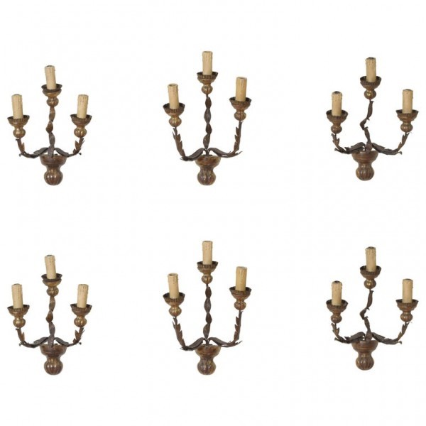 Pair of Giltwood, Iron, and Metal 3-Arm Wall Sconces