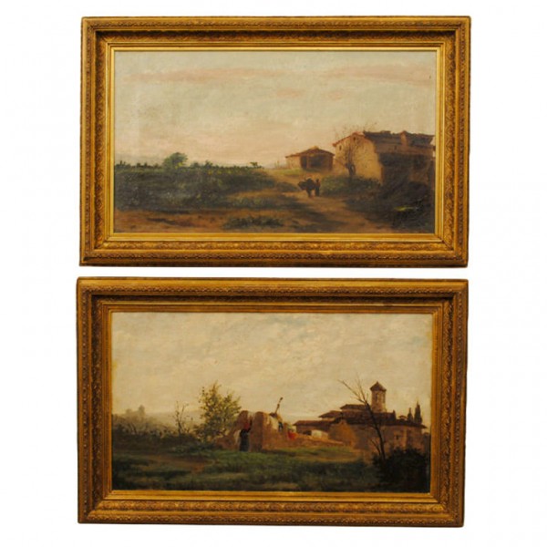 Pair of Oils on Canvas in Period Giltwood Frames