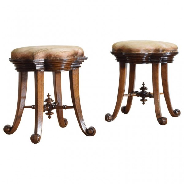 Pair of Oak and Upholstered Quatrefoil Stools