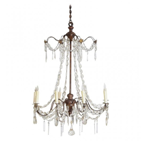 Giltwood, Iron, and Glass 8-Light Chandelier