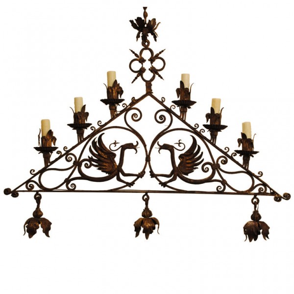 Ornately Wrought and Gilt Iron Chandelier