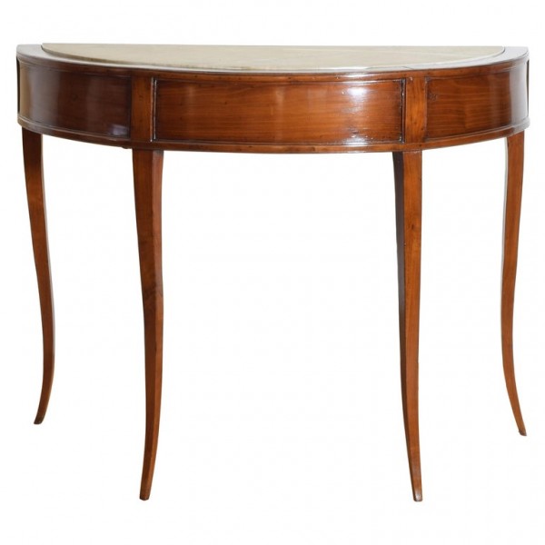 Shaped Cherrywood and White Granite Demilune Console Table