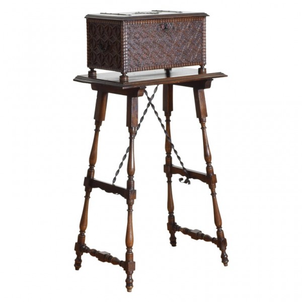 Carved Walnut Iron Mounted Box on Stand
