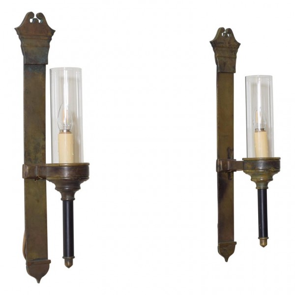 Pair of Brass Wall Sconces with Glass Shades