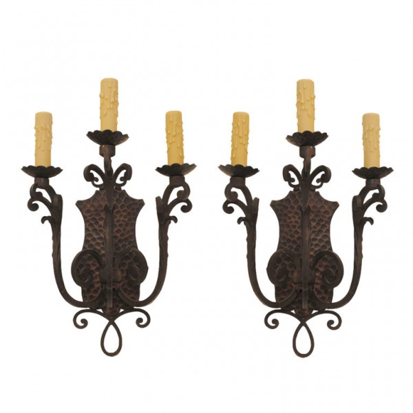 Pair of Hammered Iron 3-Arm Sconces