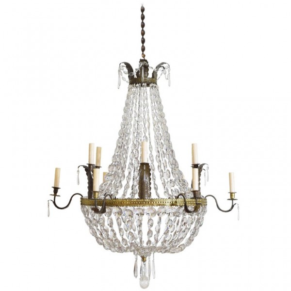 Gilt Brass, Brass, and Glass 12-Light Chandelier