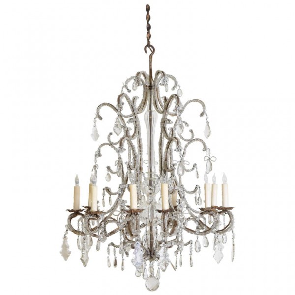 Gilt Iron Metal and Blown Glass 10-Light Chandelier