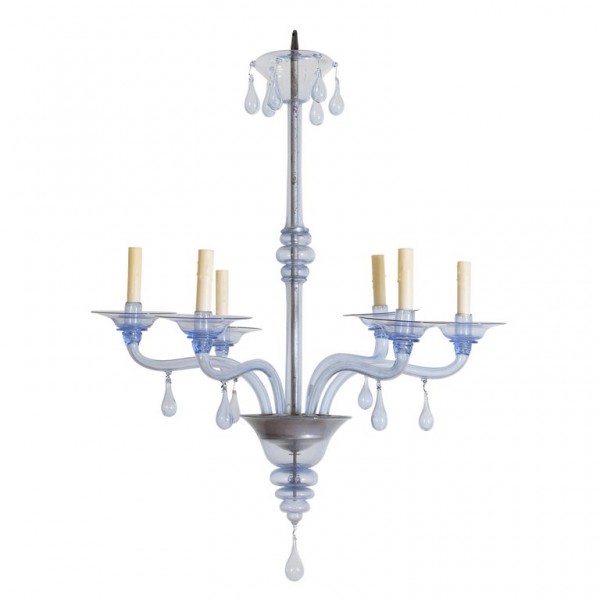 Murano Blown Blue Glass 6-Arm Chandelier
