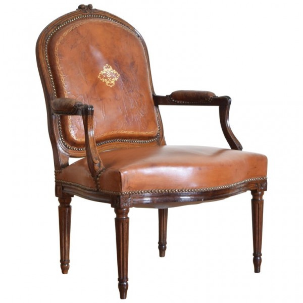 Walnut and Leather Upholstered Fauteuil