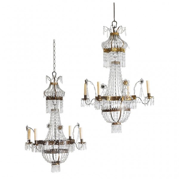Pair of Brass and Glass 4-Light Chandeliers