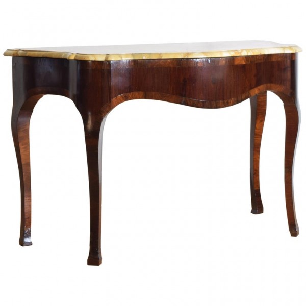Walnut and Mixed Veneers Marble-Top Console Table
