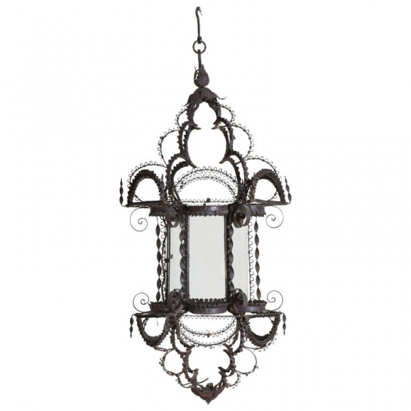 Wrought Iron Filigree Hanging Glass Paned Lantern