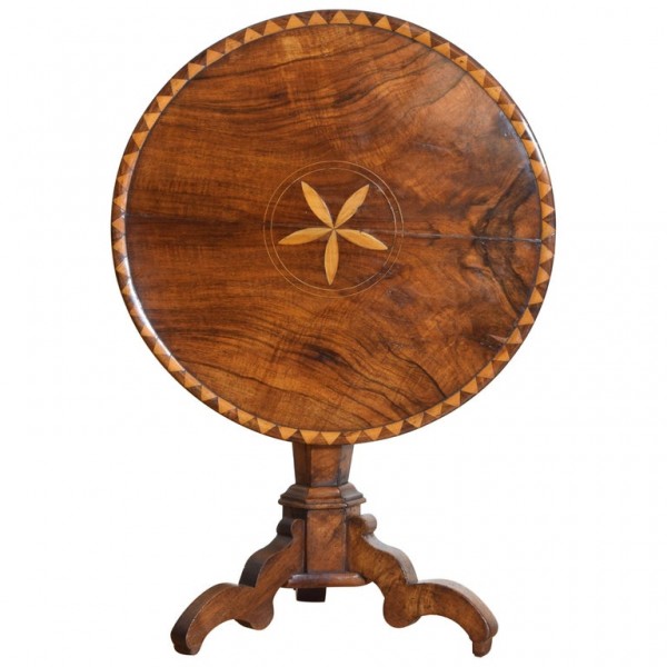 Walnut and Mixed Inlays Tilt-Top Table