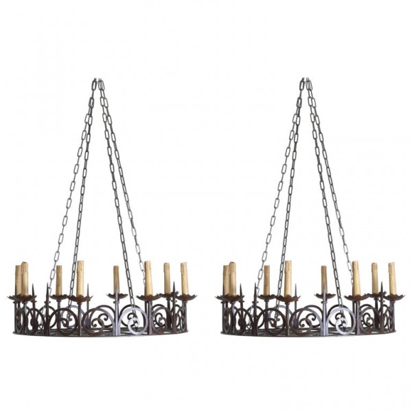 Pair of Large Wrought Iron 8-Light Chandeliers