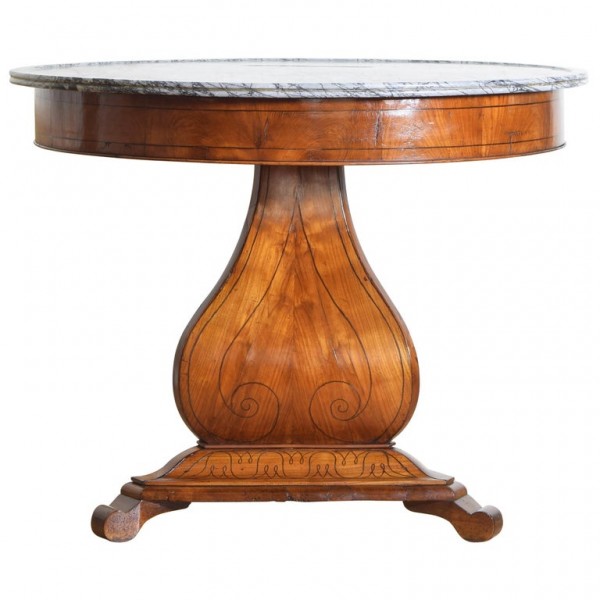 Cherrywood Veneered and Inlaid Marble-Top Center Table