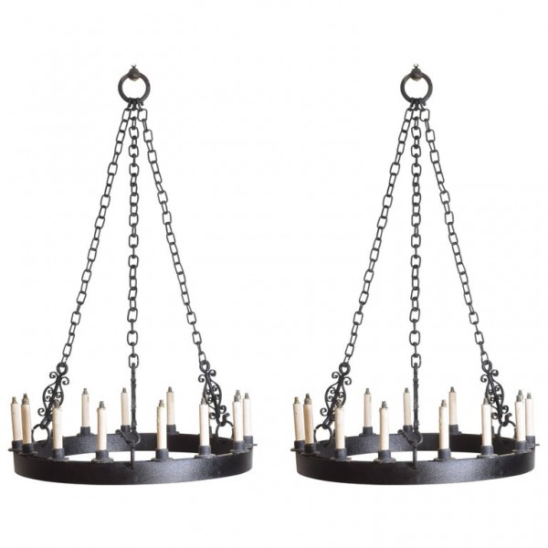 Pair of Large Wrought Iron 15-Light Chandeliers