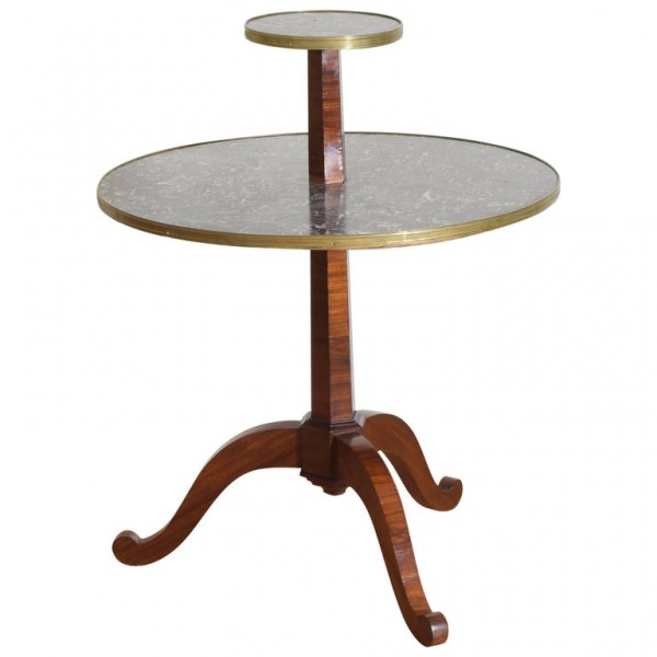 Mixed Veneer, Marble, and Brass Mounted 2-Tier Table