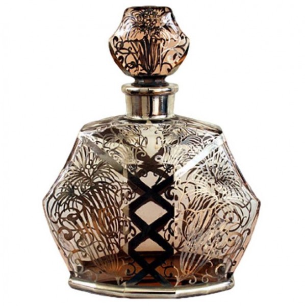 Silver Overlay Glass Decanter with Set of 6 Liquor Glasses 