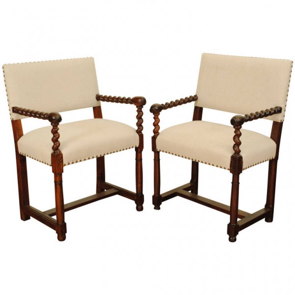 Pair of Spiral Turned Armchairs with Low Backs