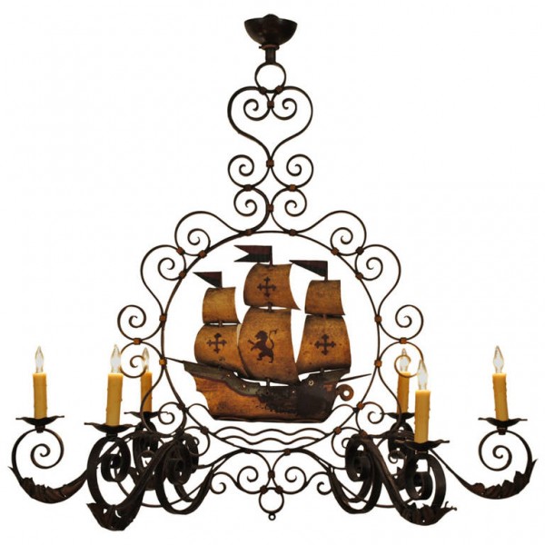 Wrought Iron, 6-light Chandelier with Spanish Galleon 