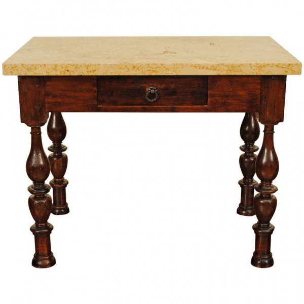 Walnut 1-Drawer Table with Marble Top and Extra Drawer