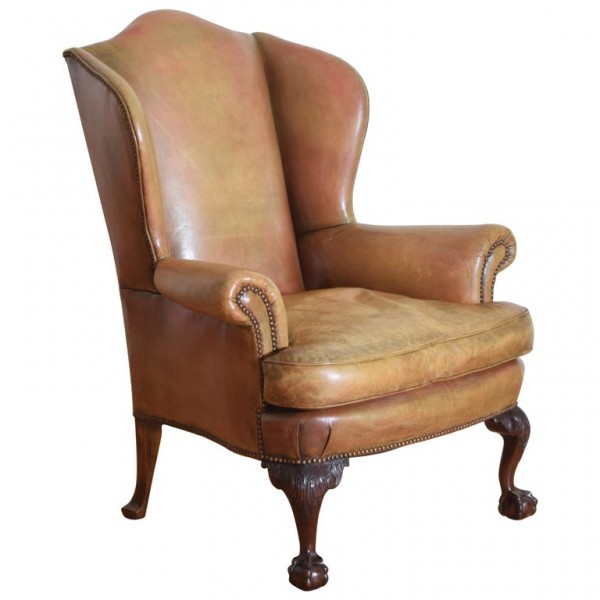 Mahogany and Leather Upholstered Wing Chair