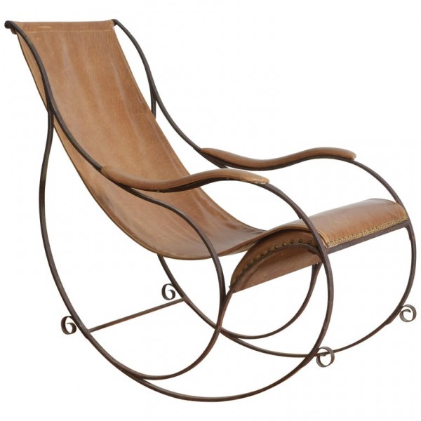Wrought Iron and Leather Upholstered Rocking Chair