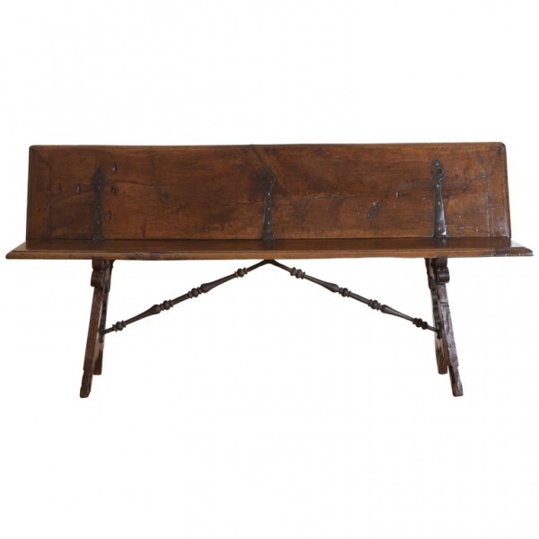 Walnut and Iron Bench with Folding Backrest