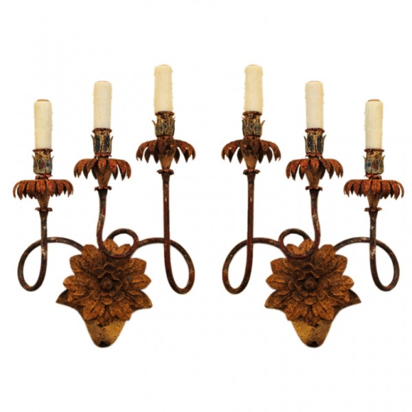 Pair of Wrought and Painted Iron 3-Arm Sconces