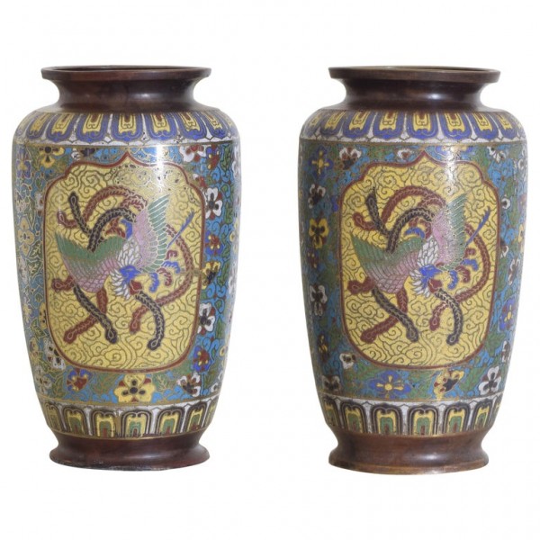 Pair of Cloisonne Multicolored Vases with Birds, Flowers, and Serpents