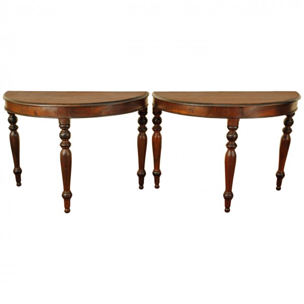 Pair of Walnut and Ebonized Demilune Consoles