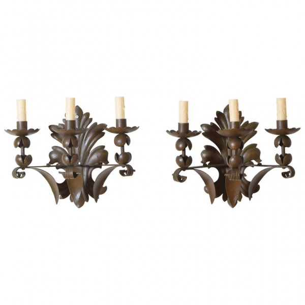 Pair of Painted and Patinated Metal 3-Light Sconces