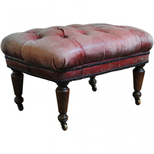 Tufted Leather and Turned Oak Footstool