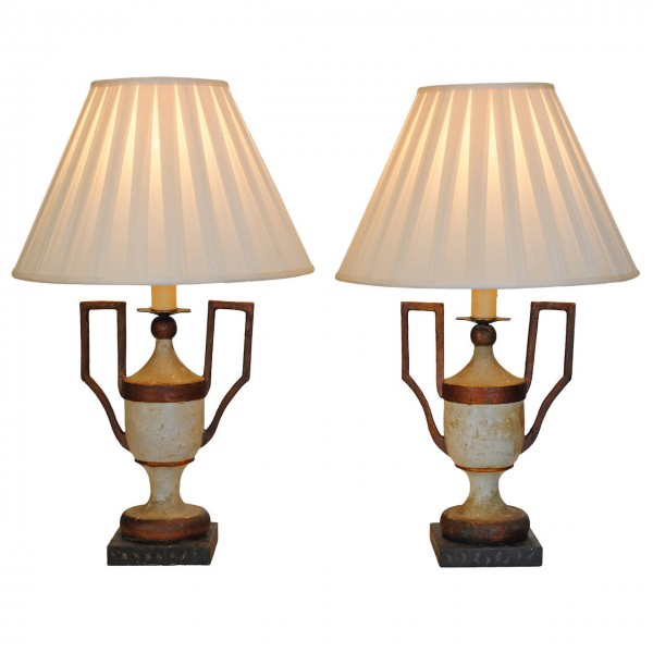 Pair of Painted Wood and Iron Urns Mounted as Lamps