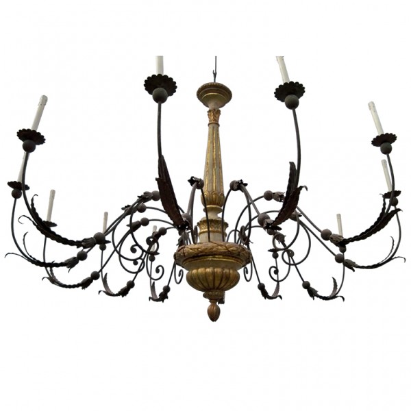 Massive 12-Arm Carved Wood and Iron Chandelier