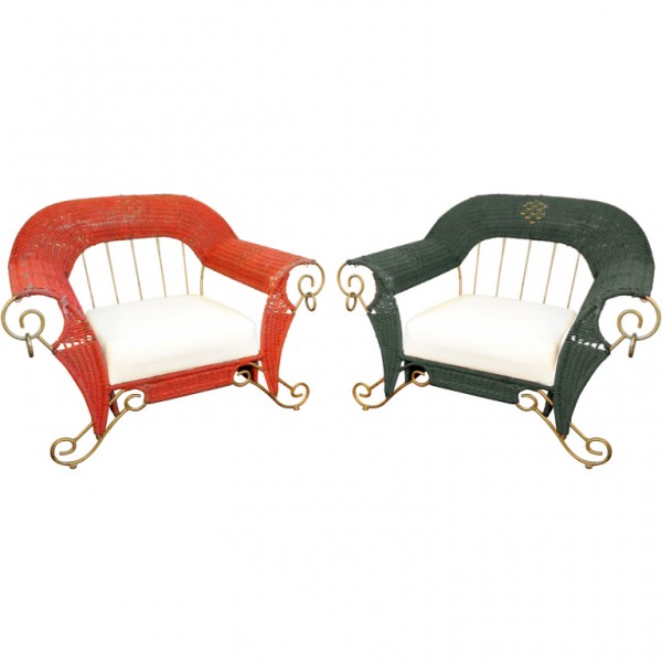 Pair of Decorative Gilt Iron and Wicker Armchairs