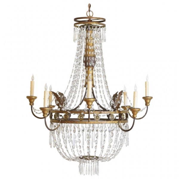 Gilt Iron, Brass, and Glass 8-Light Chandelier