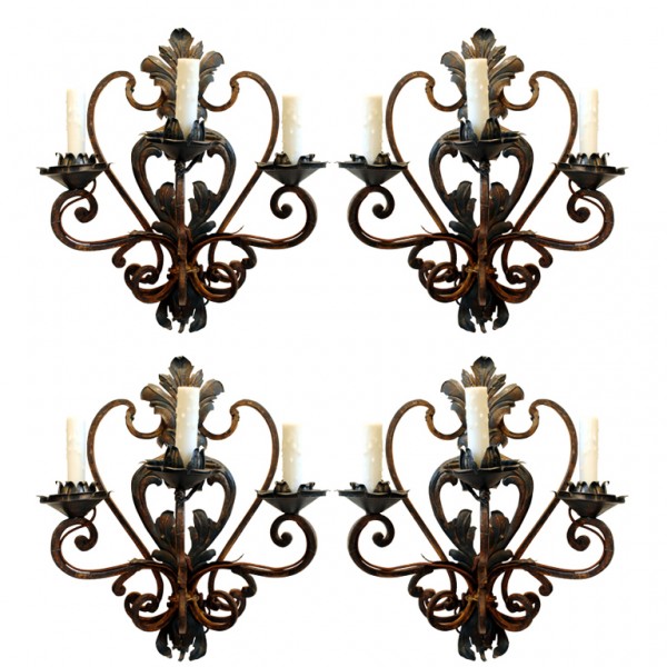Set of 4 Wrought Iron and Painted Metal 3-Arm Sconces