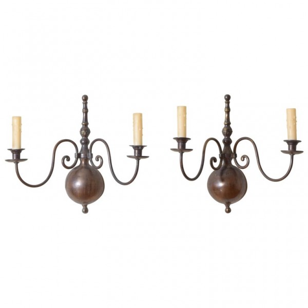 Pair of Patinated Brass 2-Arm Sconces