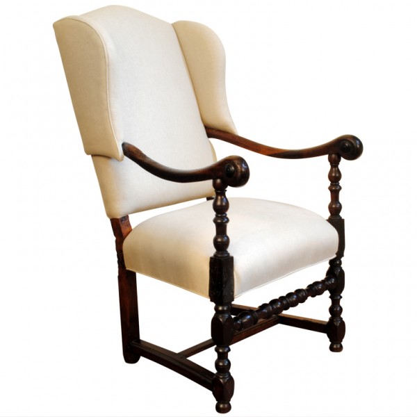 Walnut and Upholstered Winged Fauteuil