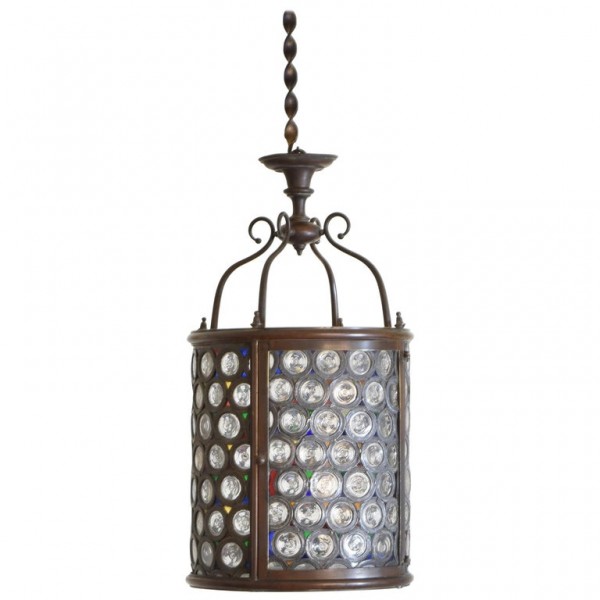 Patinated Brass, Colored, and Leaded Glass Lantern