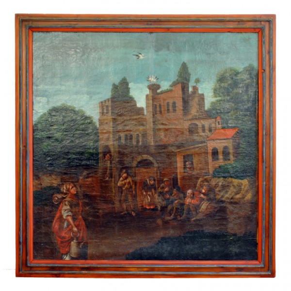 Large Oil on Canvas of  Villagers Near a Castle