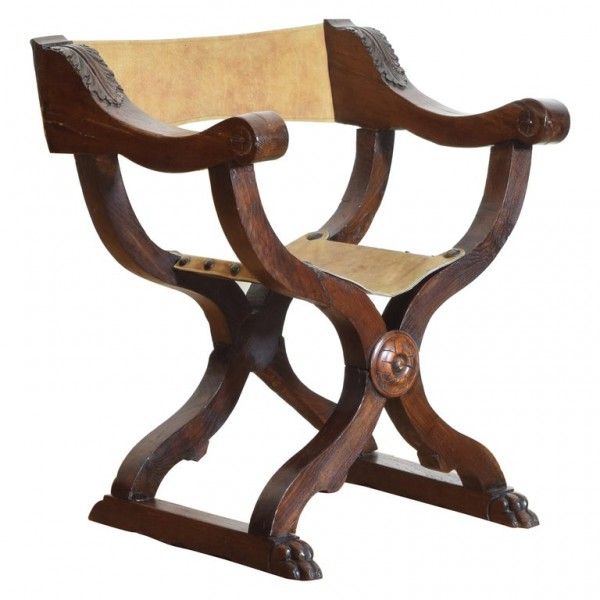 Carved Ashwood Savonarola Chair with Leather Seat