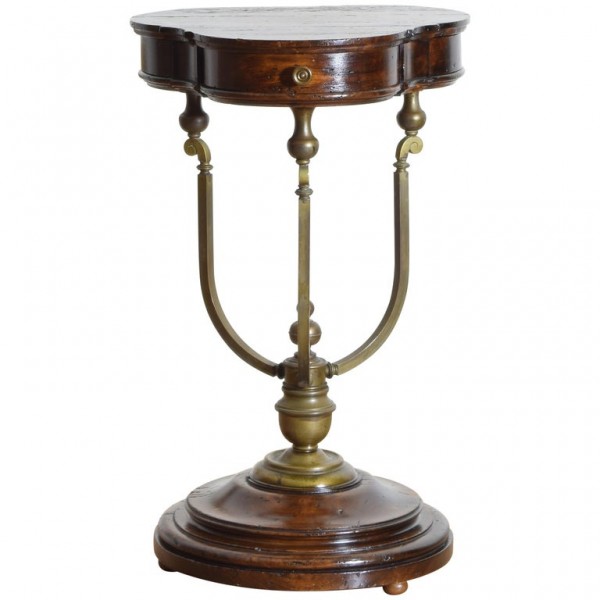 Walnut and Brass Trefoil Shaped 3-Drawer Table