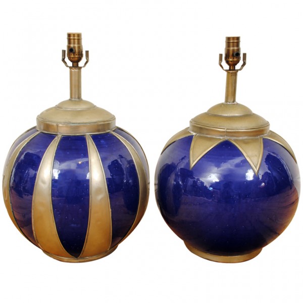Near-Pair of Painted Terracotta and Silvered Brass Table Lamps