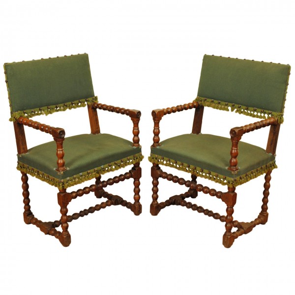 Pair of Turned Walnut and Upholstered Fauteuils